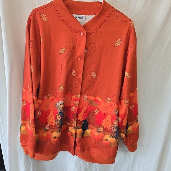 VTG BLAIR Women's Scarecrow And Pumpkins Snap Up Sweatshirt Jacket size L Orange - Picture 4 of 13